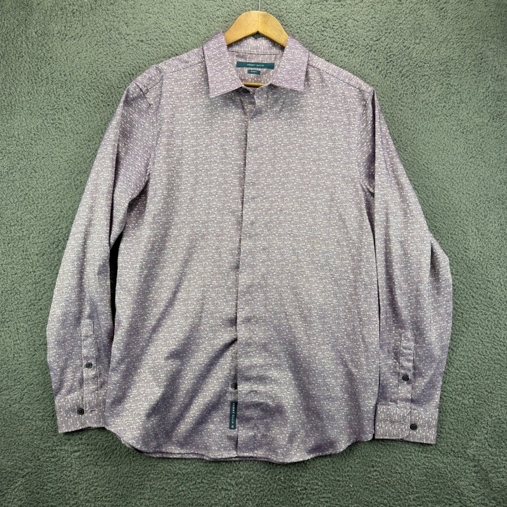 Perry Ellis Mens XL Slim Fit Long Sleeve Button Down Shirt Purple Textured Print